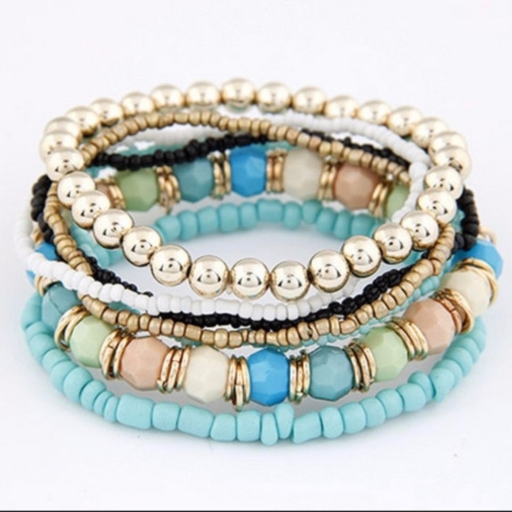 Seven Layered Bracelet Blue Black Gold Beads NEW